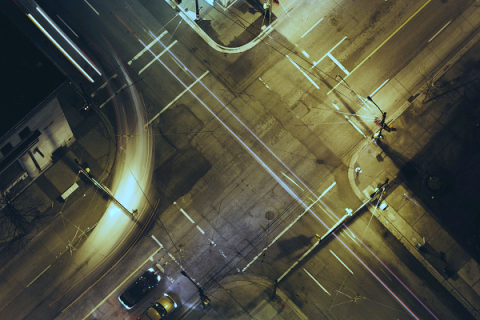 Time lapse image of street intersection from directly above 